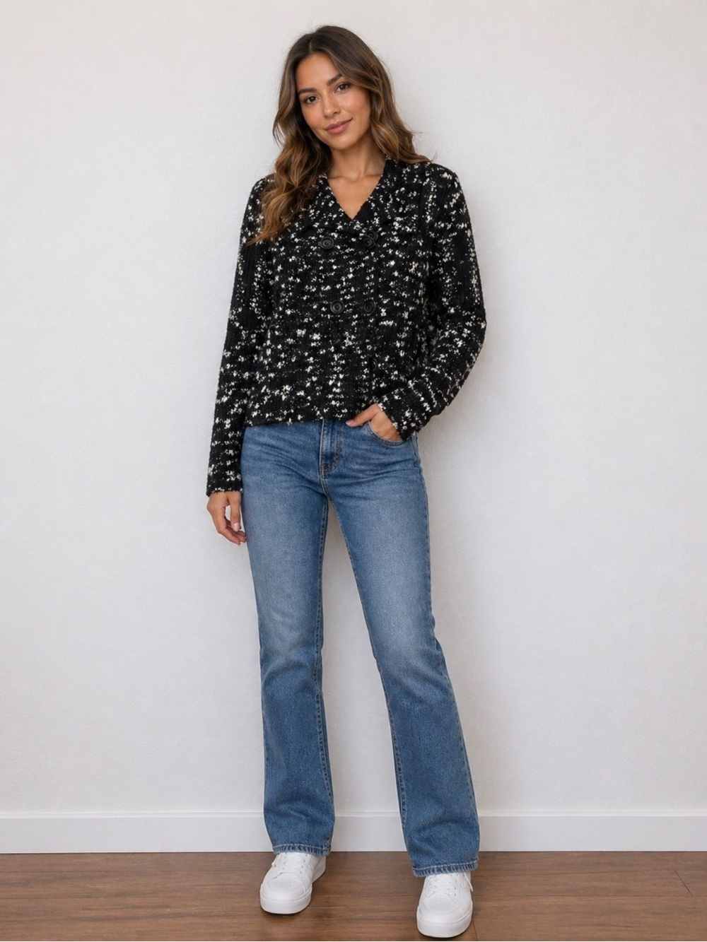 Nine West Black and White Button Up Geometric Cardigan Size Large